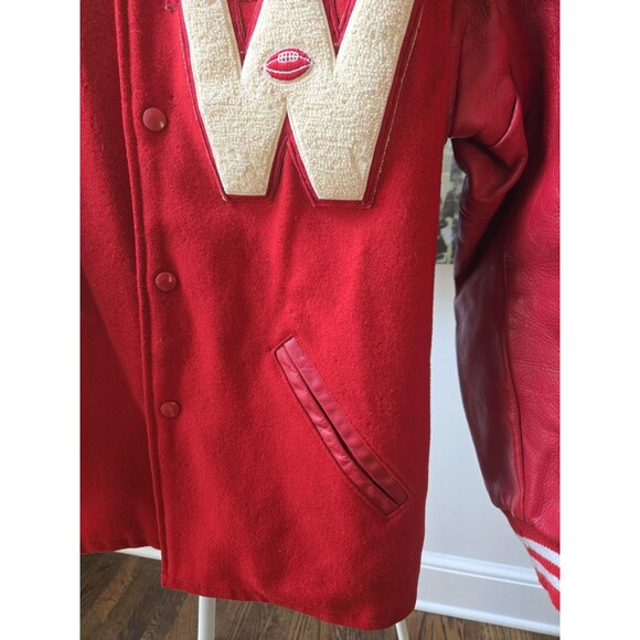 Vintage Men's Sz Large Red Varsity Letterman Leather Sleeves Bomber Jacket Coat - Picture 3 of 16